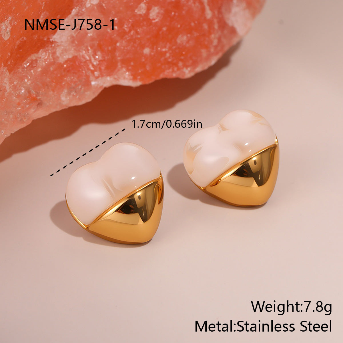 Love Heart-shaped Resin Stud Earrings Stainless Steel Earrings 18K Gold Plating