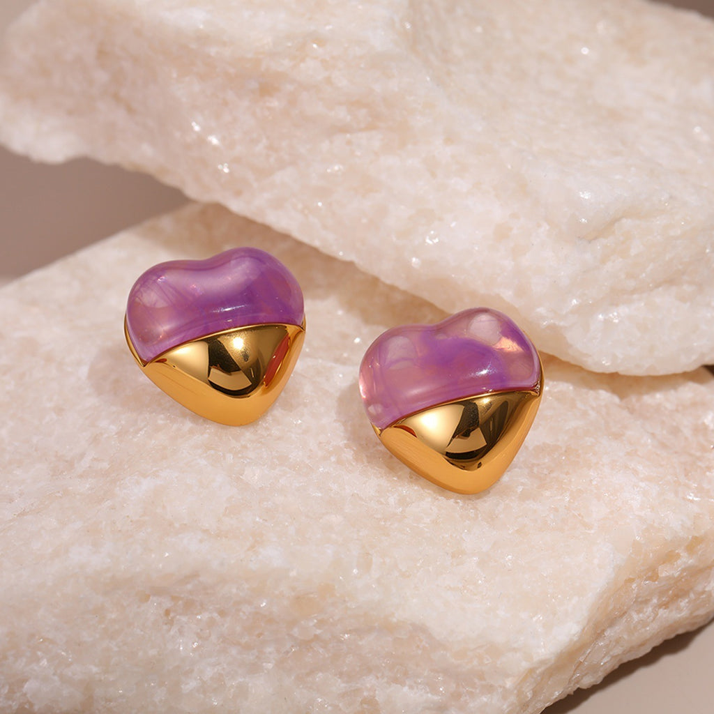Love Heart-shaped Resin Stud Earrings Stainless Steel Earrings 18K Gold Plating