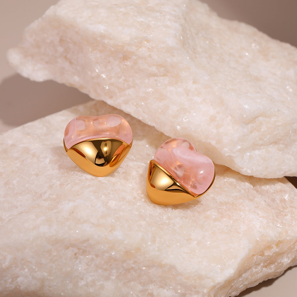 Love Heart-shaped Resin Stud Earrings Stainless Steel Earrings 18K Gold Plating